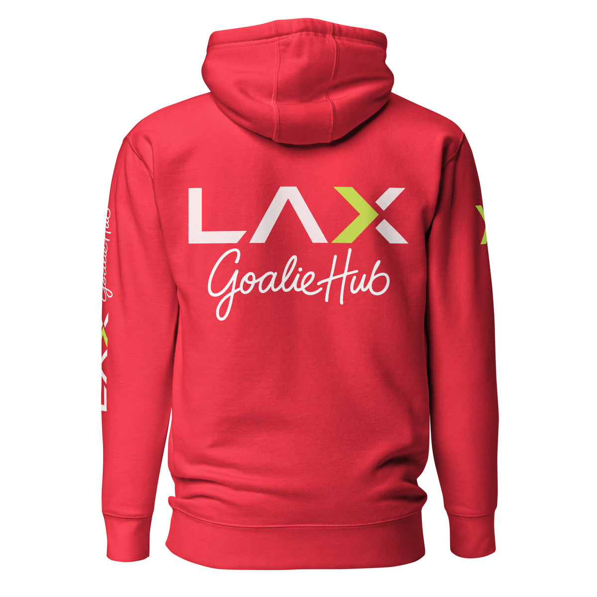 LGH Unisex Hoodie in Team Red, back view with the full LAX Goalie Hub logo