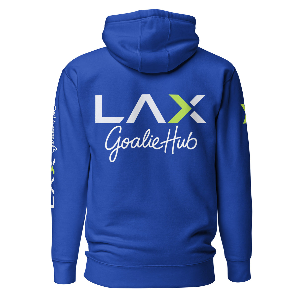 LGH Unisex Hoodie in Team Royal, back view with the full LAX Goalie Hub logo