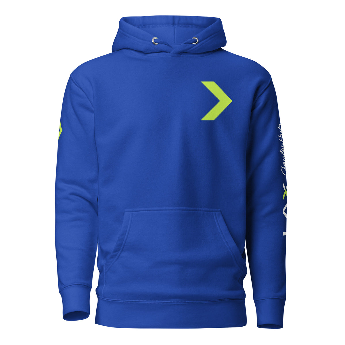 LGH Unisex Hoodie in Team Royal, front view with the green chevron on the chest