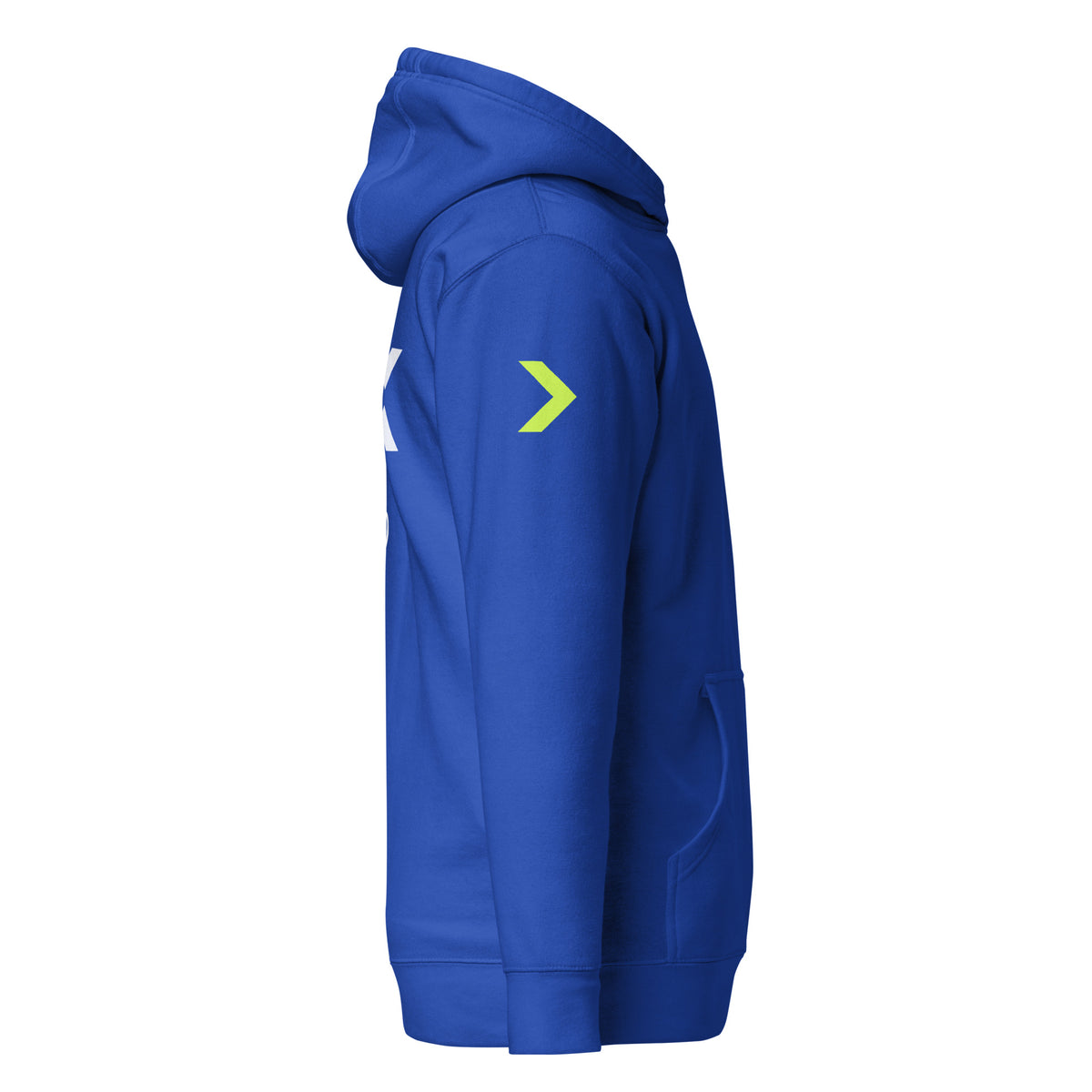 LGH Unisex Hoodie in Team Royal, right side view showing the sleeve print