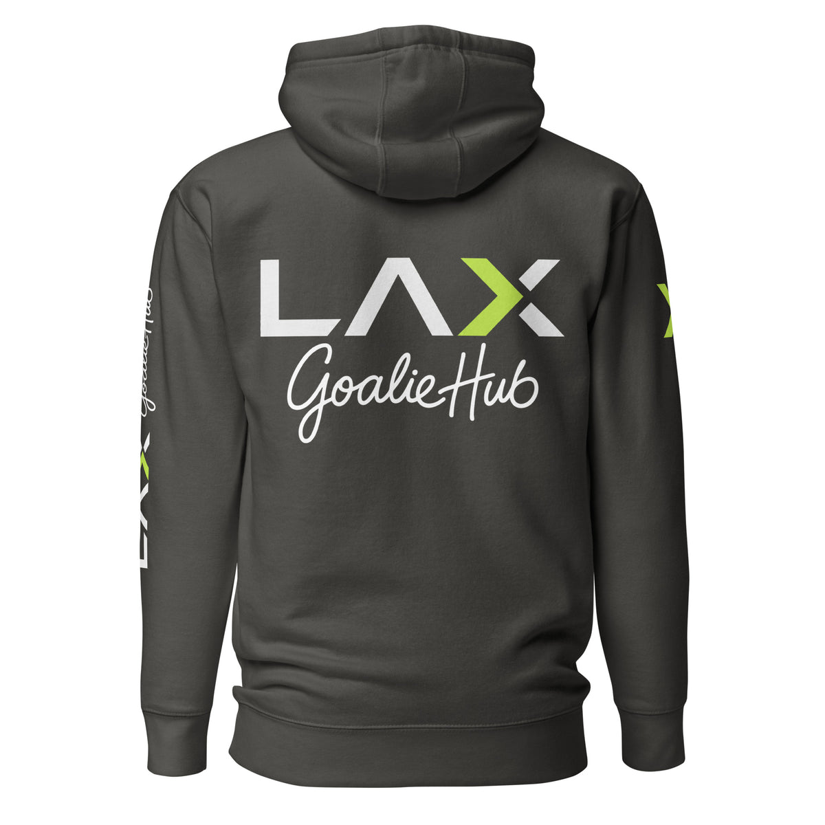 LGH Unisex Hoodie in Vintage Black, back view with the full LAX Goalie Hub logo