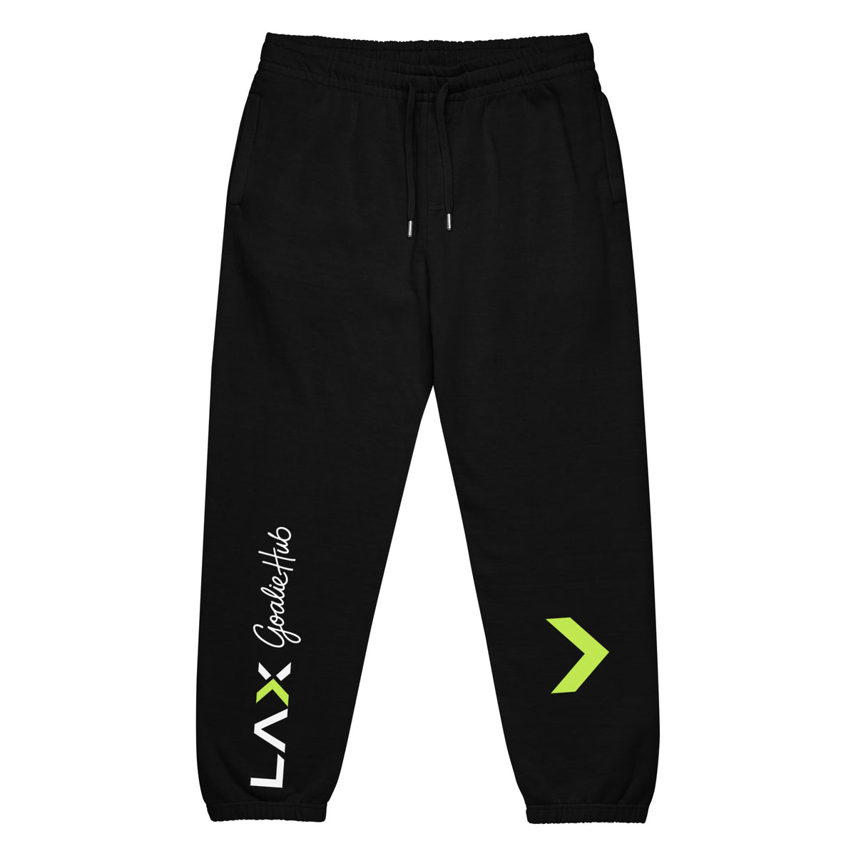 LGH Urban Sweatpants in black, front view with the LAX Goalie Hub wordmark and green chevron on the legs